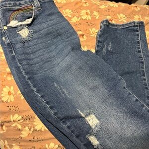 Judy Blue Distressed Denim Boyfriend Jeans Rainbow Detail